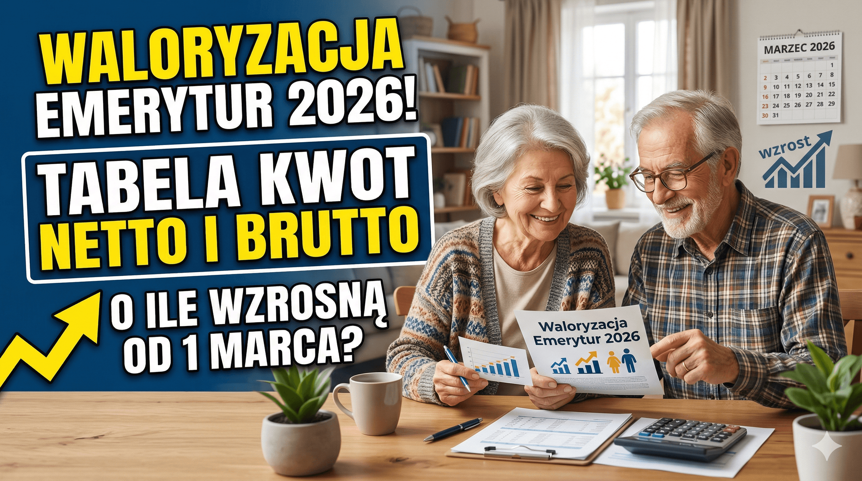 Waloryzacja emerytur 2026 — tabela kwot netto i brutto